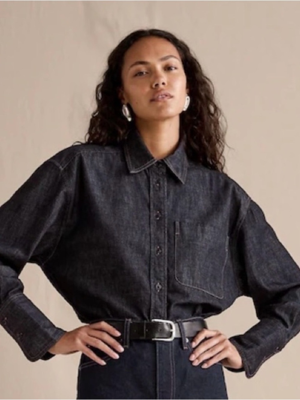Dark Denim Crop Button-Up Shirt